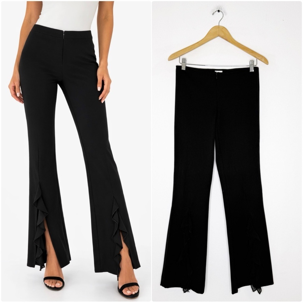 Cache Black Ruffle Hem Flare Pants Size 2 Vintage Y2K Trouser Slit